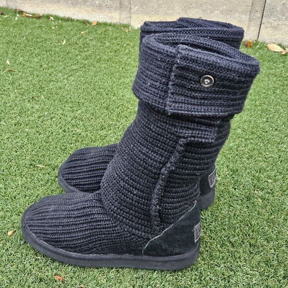 UGG Australia Classic Cardy Knit Boot Womens Size 8 Wool Black Buttons Fold Over - Picture 13 of 14